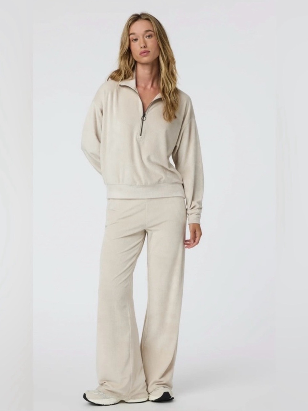 VUORI Haven Bone Wide Leg Pants & Half Zip Rib Pullover Set, Size MEDIUM